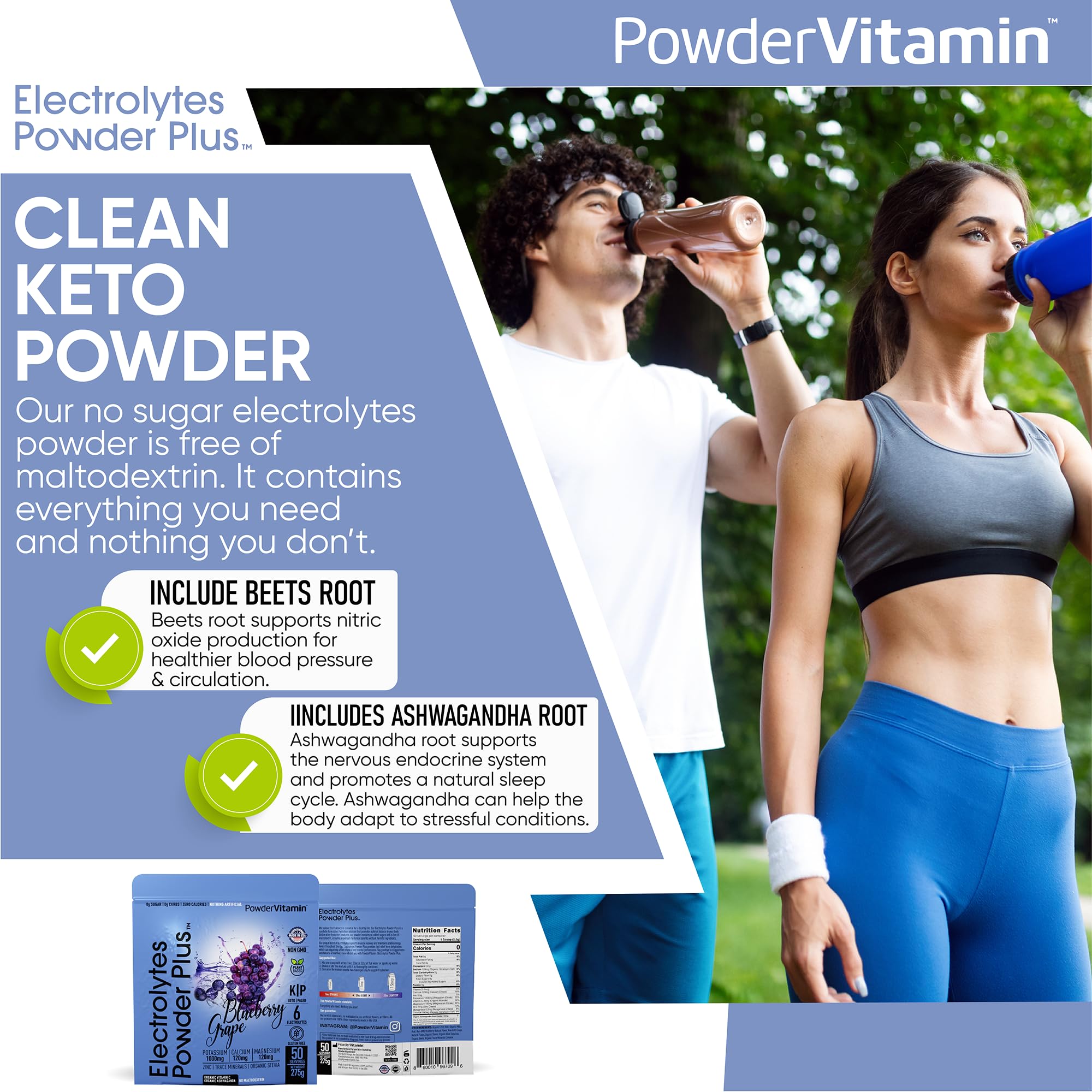 PowderVitamin Electrolytes Plus highlights organic beets, vitamin C and zinc.