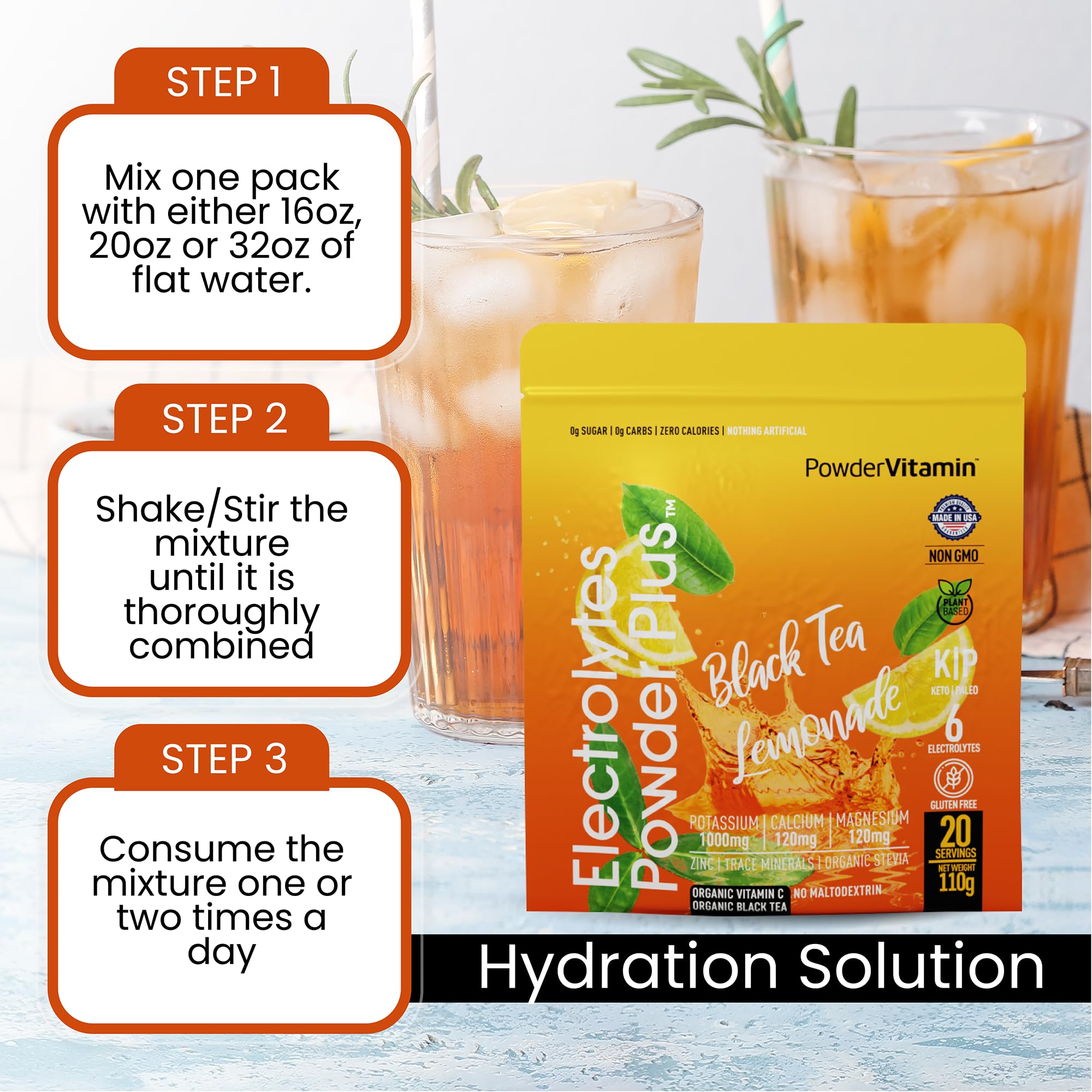 PowderVitamin Electrolytes Plus 110 gram pouch on kitchen counter ready to mix