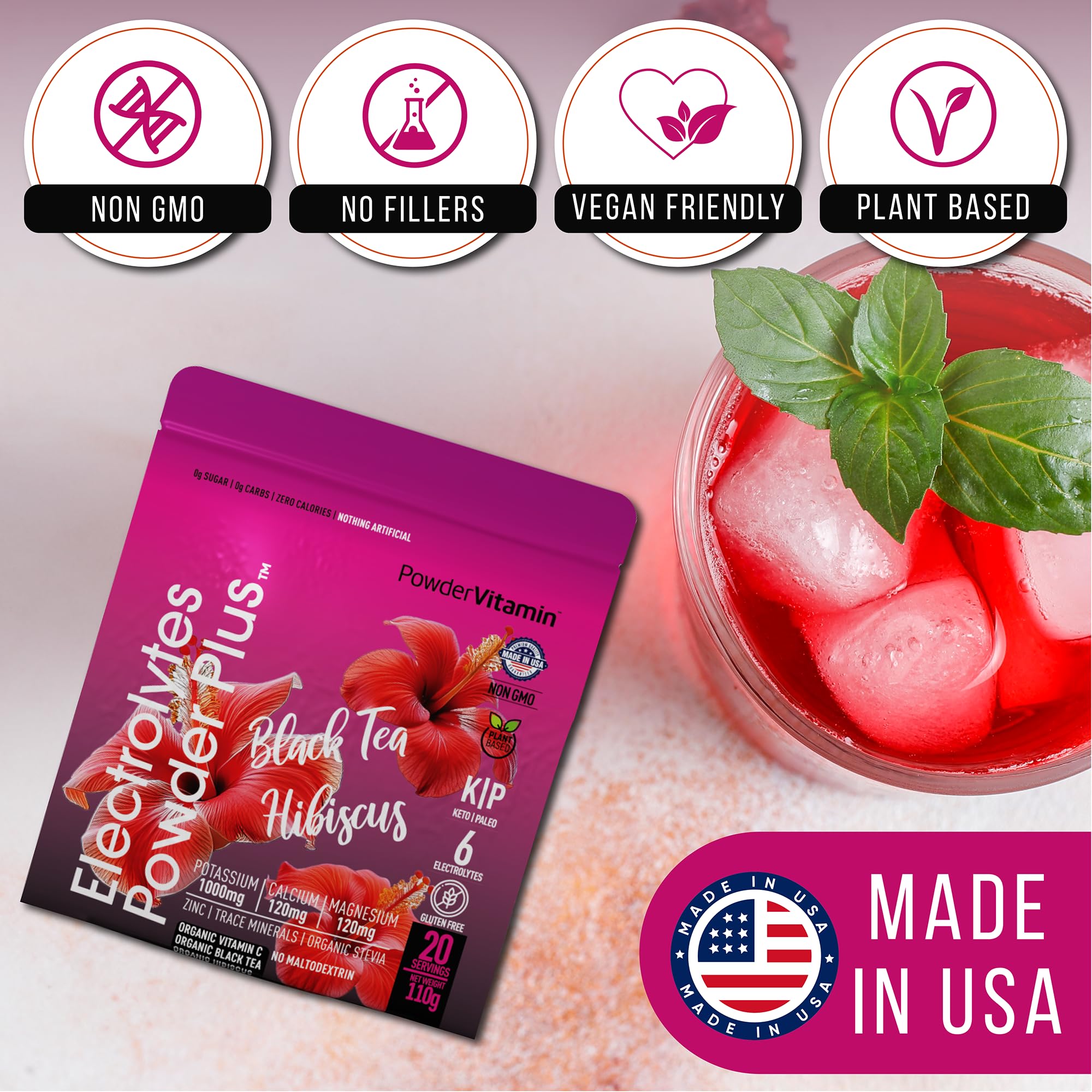 PowderVitamin Electrolytes Powder Plus pink-himalayan-salt crystals emphasize mineral balance.