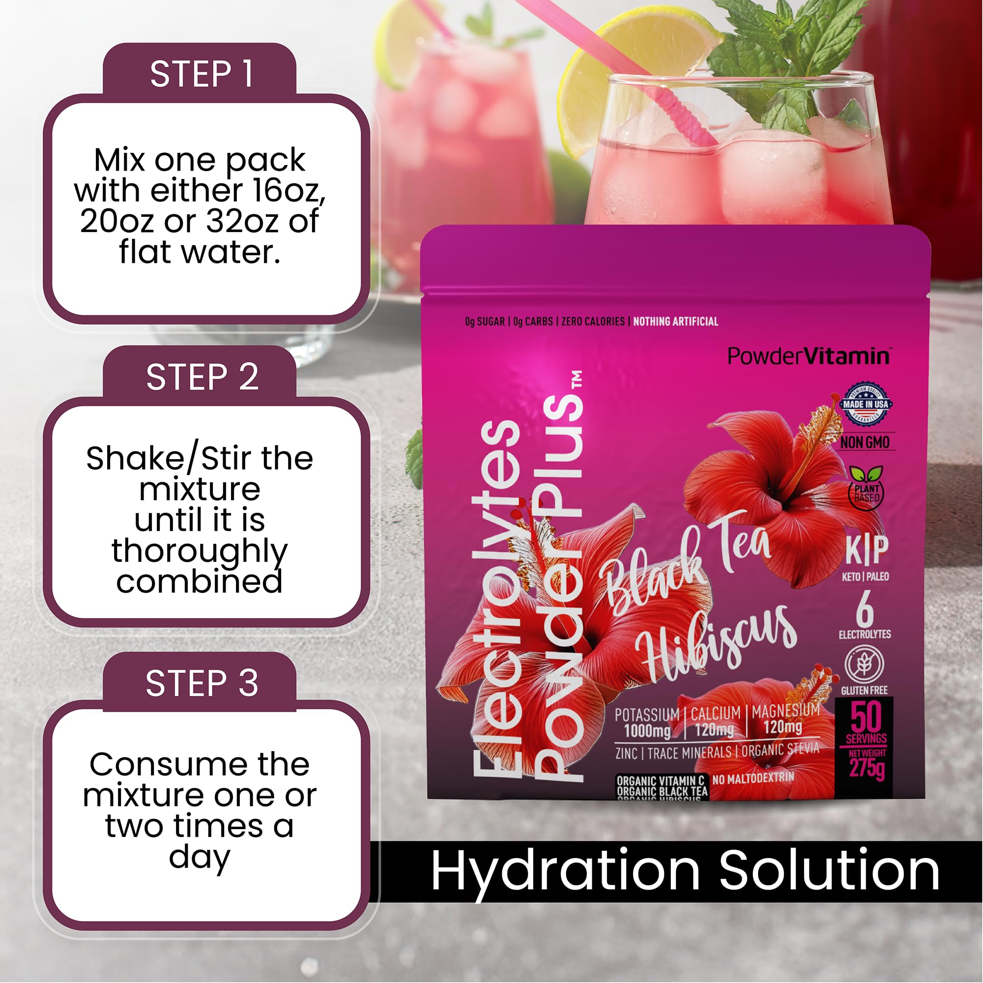 Pink Himalayan salt visible in PowderVitamin Electrolytes Plus visuals.