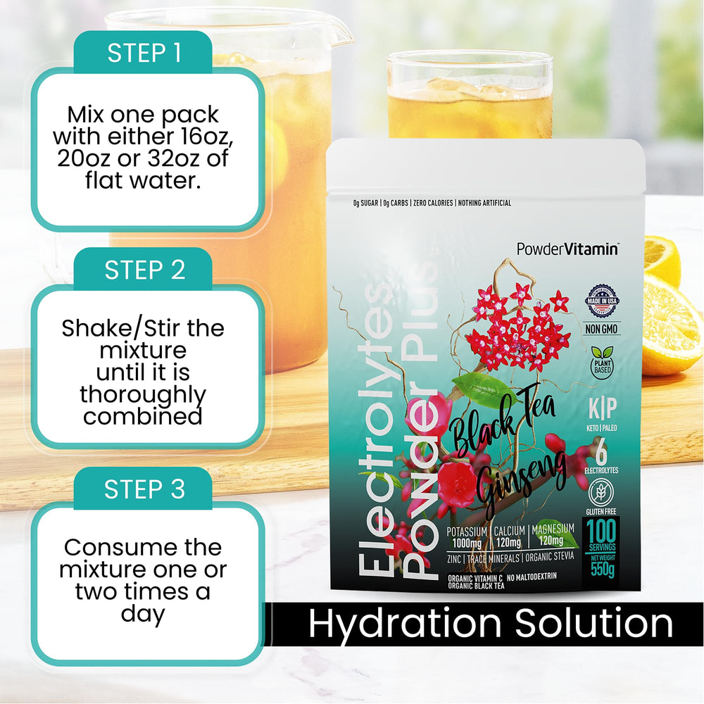 PowderVitamin Electrolytes Powder Plus prepared drink showing black tea ginseng flavor.