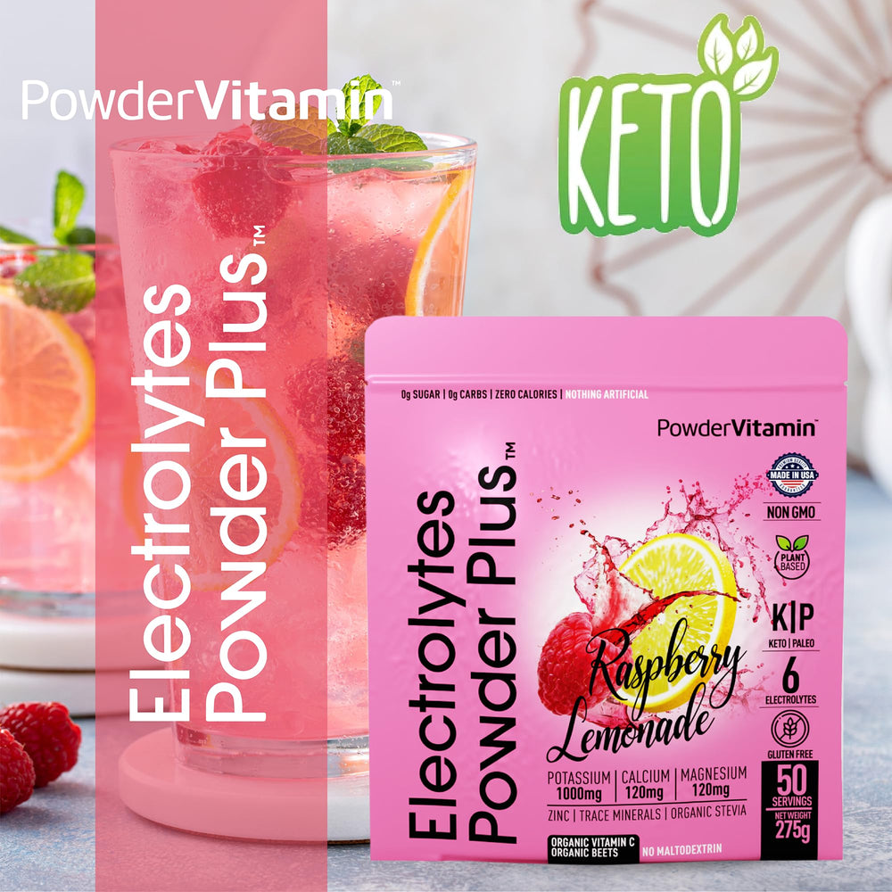 Glass of water with PowderVitamin Raspberry Lemonade supports keto hydration during workouts
