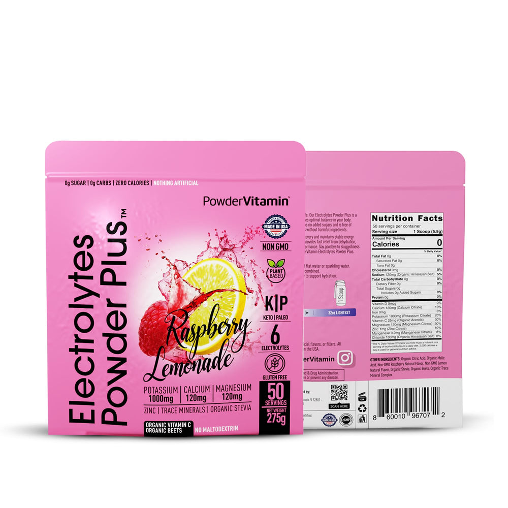 PowderVitamin Electrolytes Plus scoop in water delivers sugar-free hydration and mineral balance