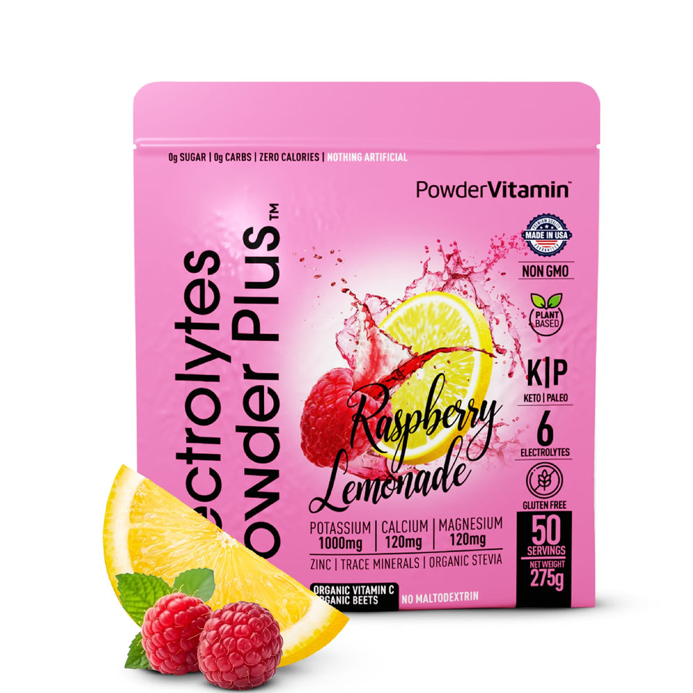 PowderVitamin Electrolytes Plus Raspberry Lemonade tub for refreshing hydration after activity