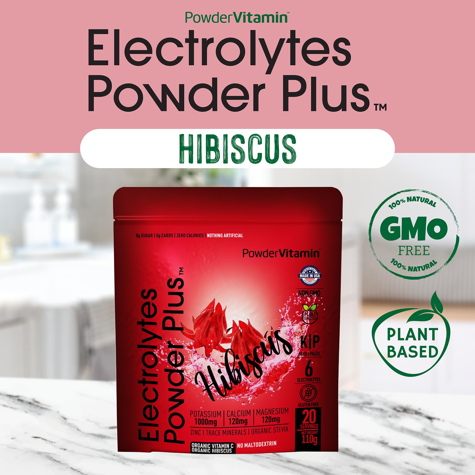 PowderVitamin Electrolytes Powder Plus scoop beside glass shows easy twenty servings