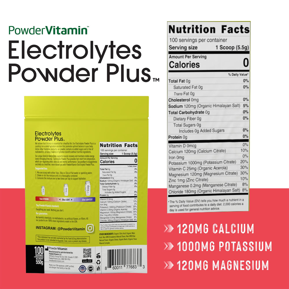 PowderVitamin Electrolytes Powder Plus scoop in glass showing quick mix for zero-calorie hydration.