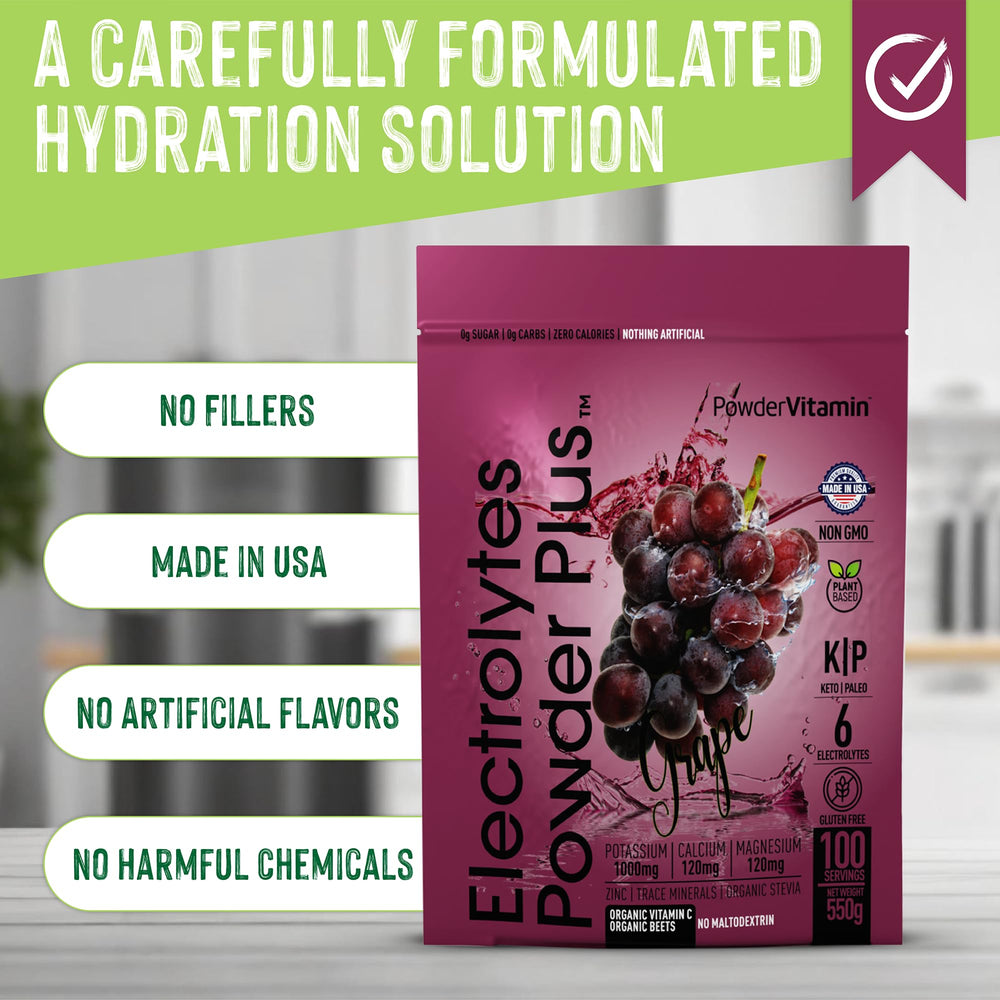 PowderVitamin Electrolytes Plus scoop beside ingredients on table.