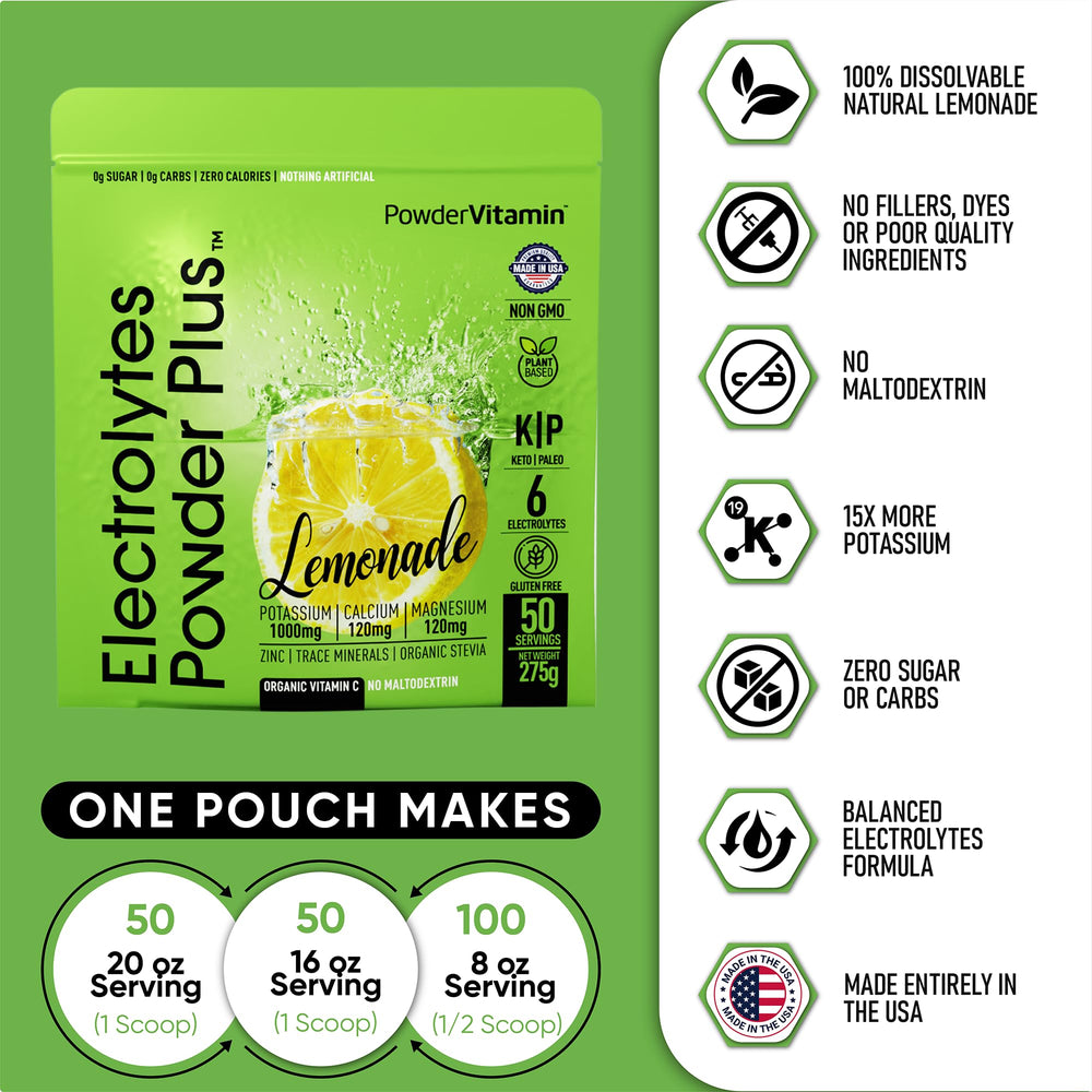 PowderVitamin Electrolytes Plus scoop beside pouch for quick mixing.