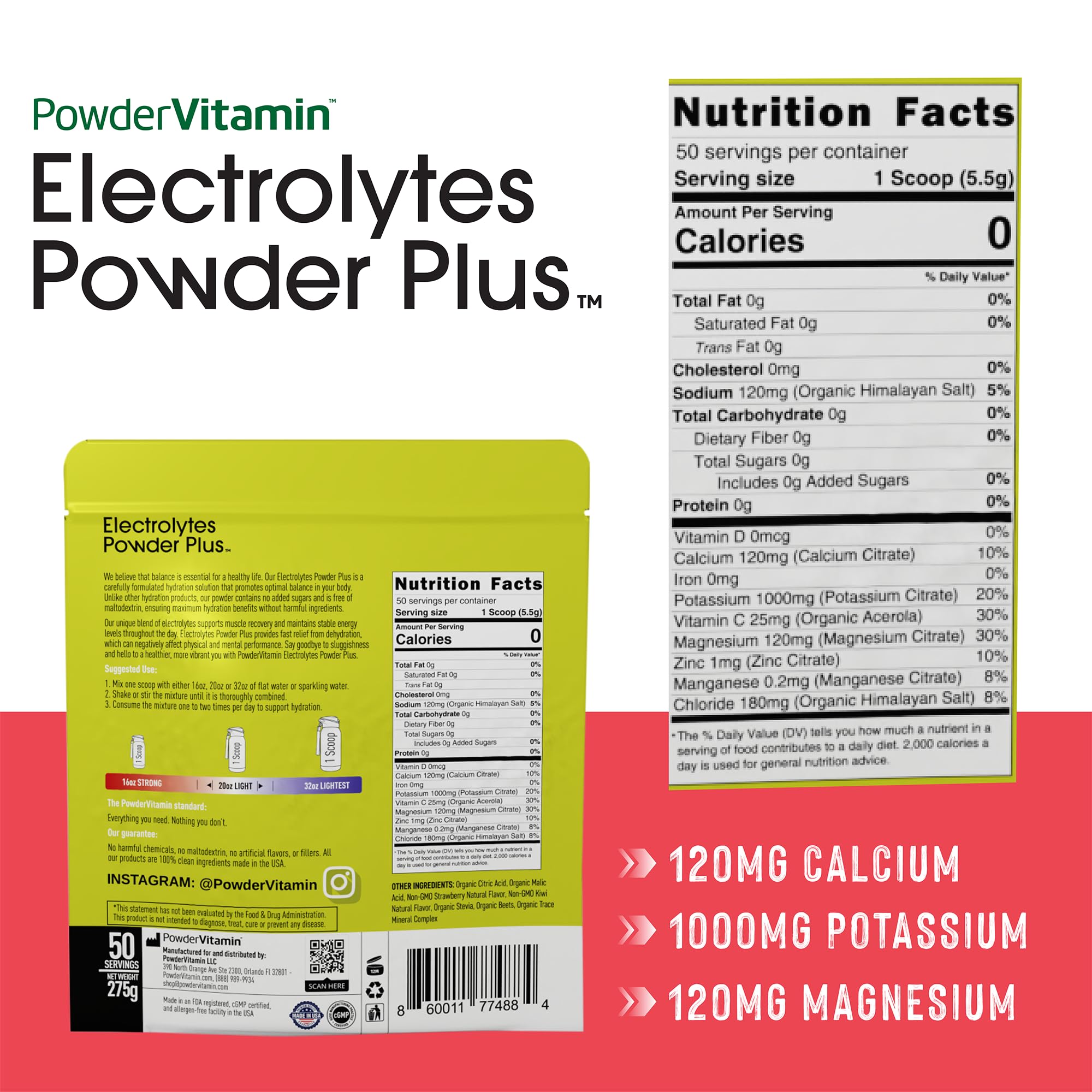 PowderVitamin Electrolytes Powder Plus scoop dissolving in water for zero-calorie hydration.