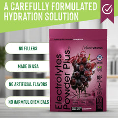 PowderVitamin Electrolytes Plus scoop beside ingredients on table.