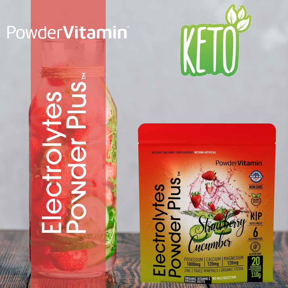 Glass shows pink strawberry cucumber drink, PowderVitamin hydration in action.