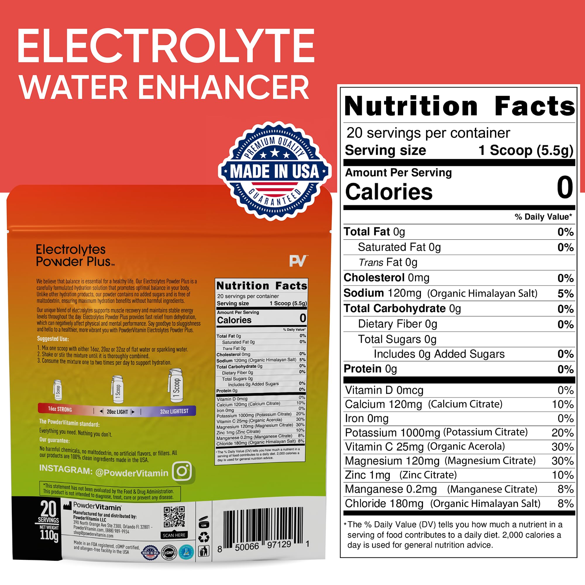 PowderVitamin Electrolytes Plus scoop beside glass for on-the-go hydration.