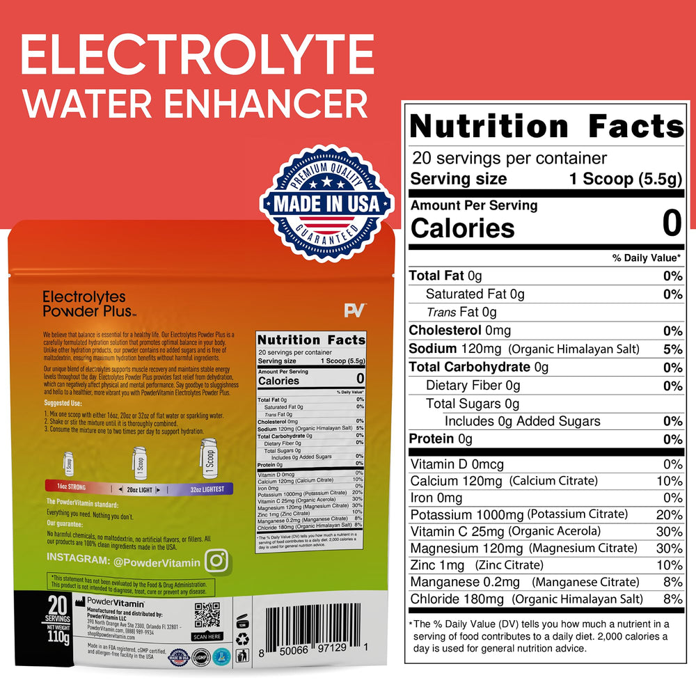 PowderVitamin Electrolytes Plus scoop beside glass for on-the-go hydration.