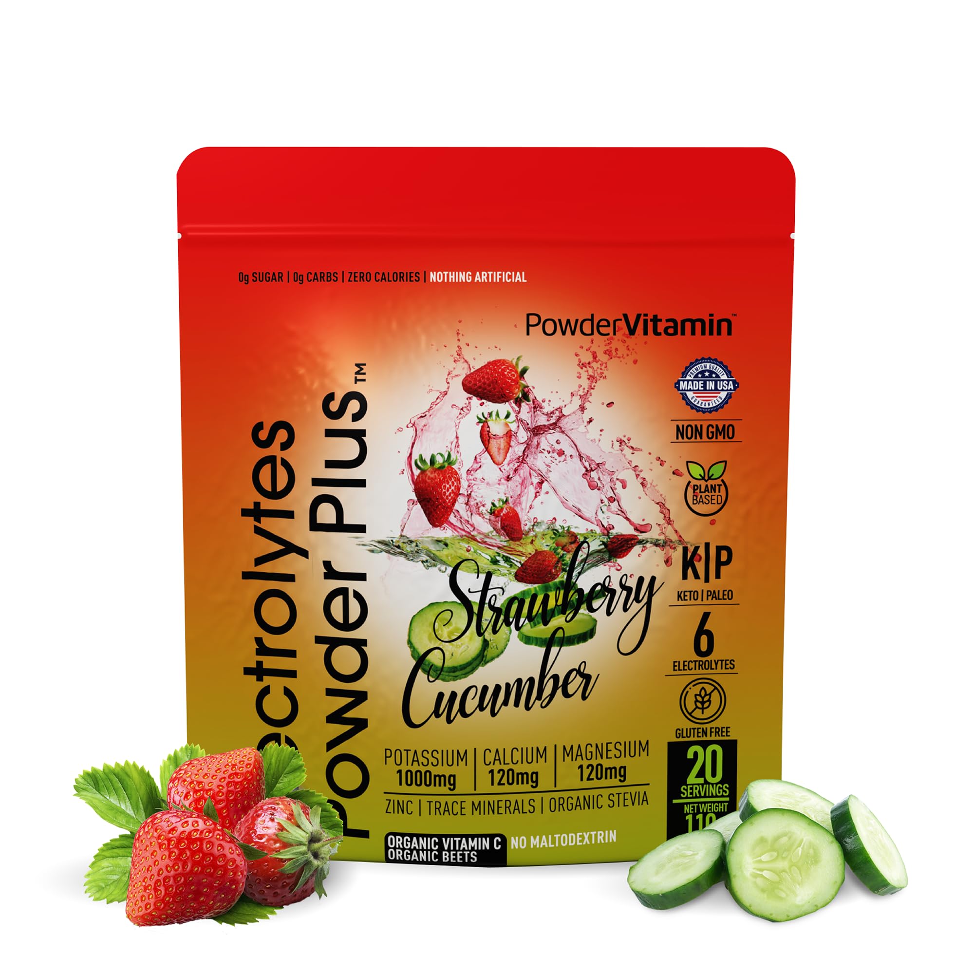 PowderVitamin Electrolytes Plus tub with strawberry cucumber flavor for post-workout hydration.