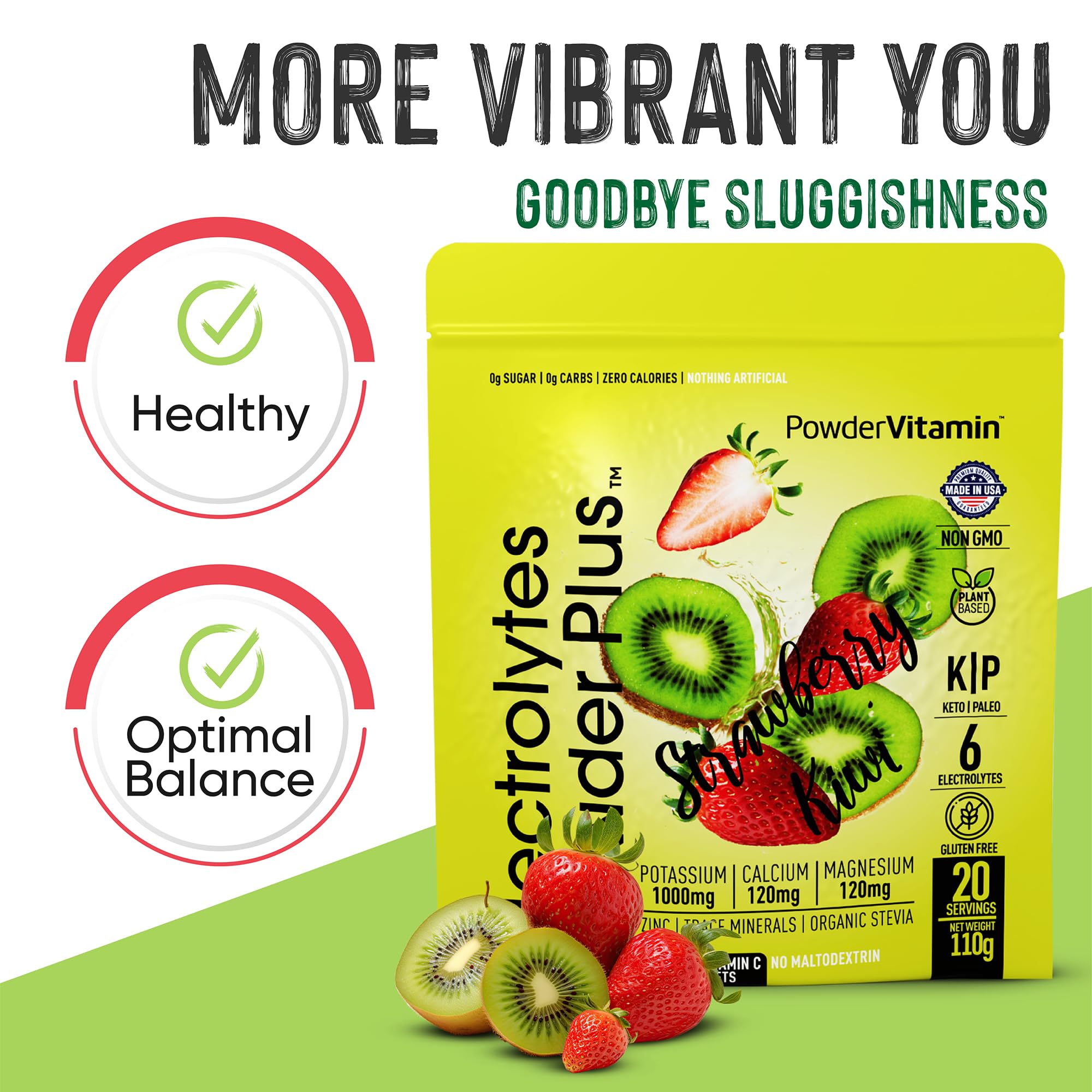Scoop and 110 g pouch indicating 20 servings of PowderVitamin Electrolytes Plus.