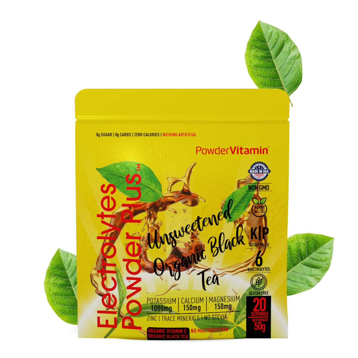 PowderVitamin Electrolytes Powder Plus unsweetened black tea, 20 servings, ideal for keto hydration.