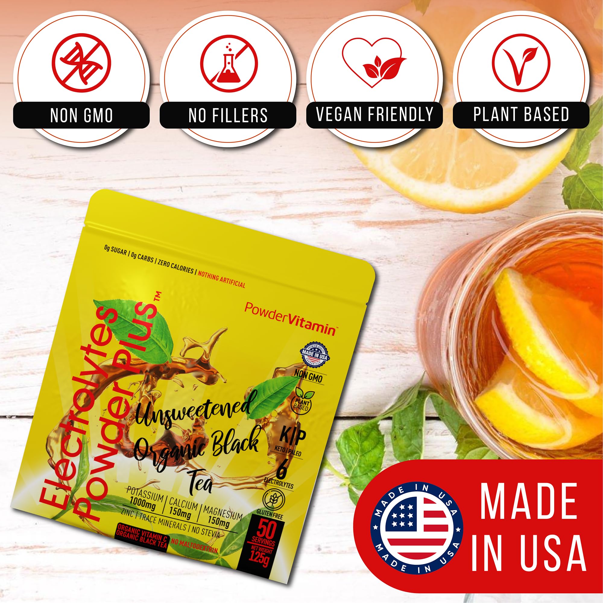 PowderVitamin Electrolytes Plus unsweetened black tea flavor label closeup.