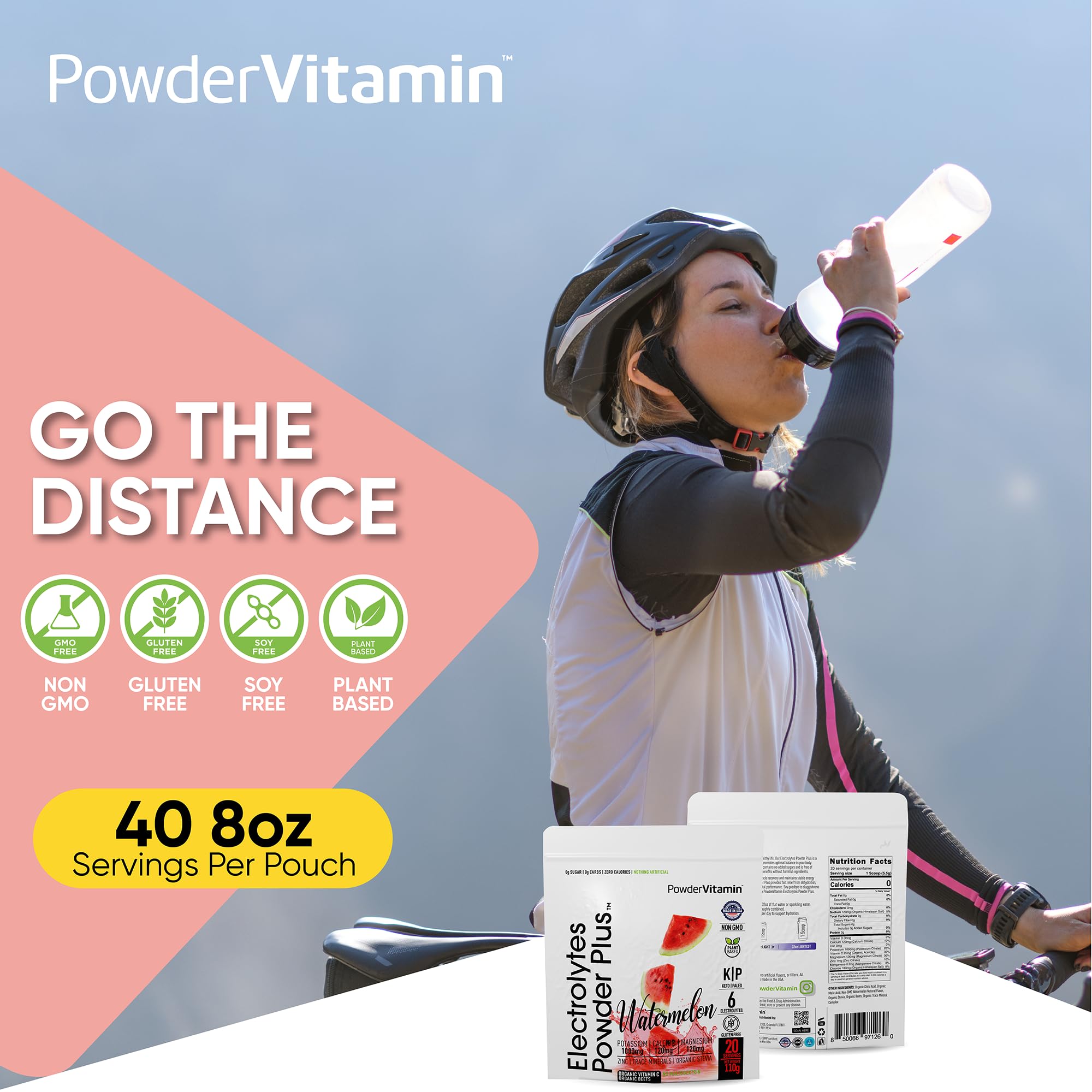 PowderVitamin Electrolytes Powder Plus 20-serving bag ready for on-the-go use.