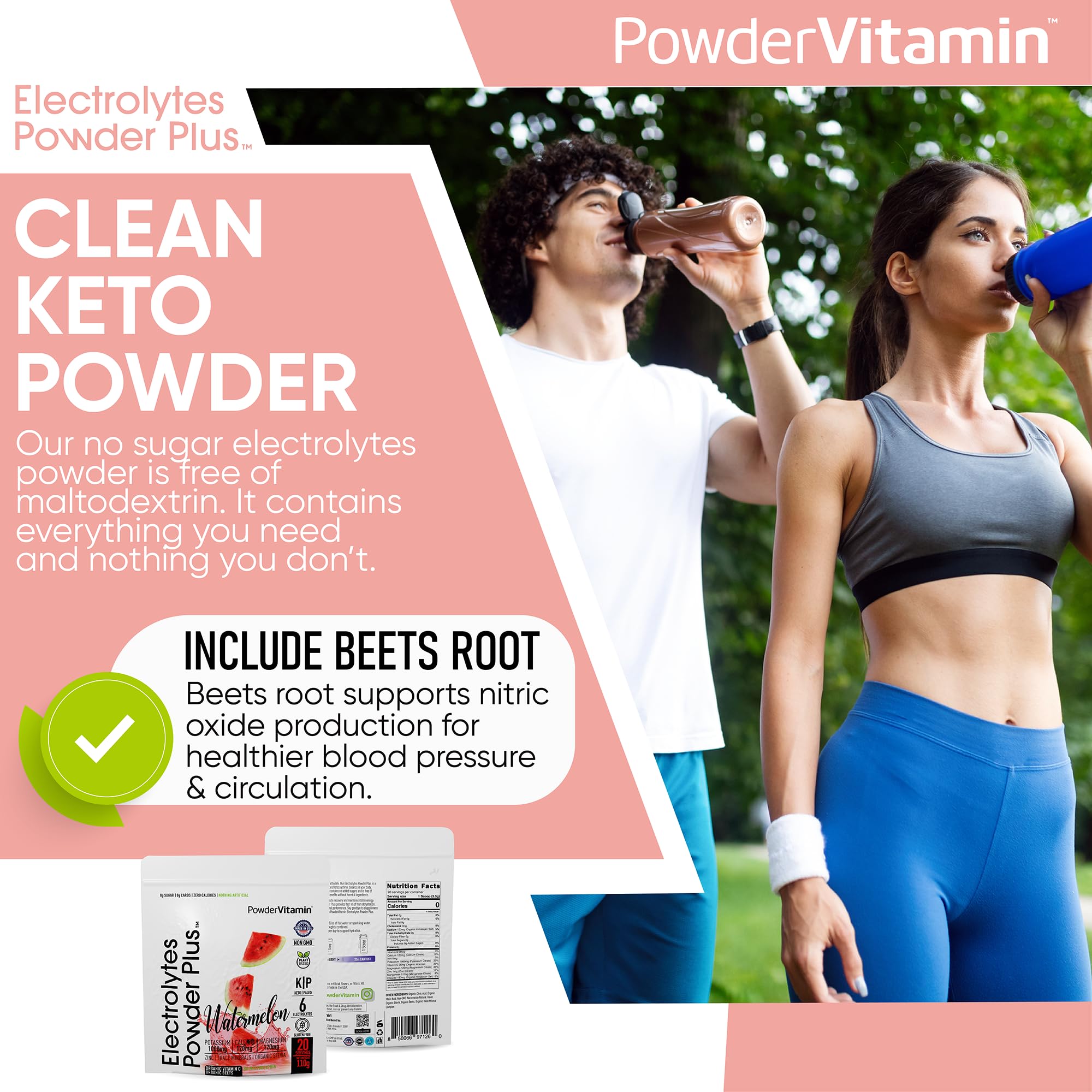 PowderVitamin Electrolytes label detail notes zero calories and sugar-free formula.