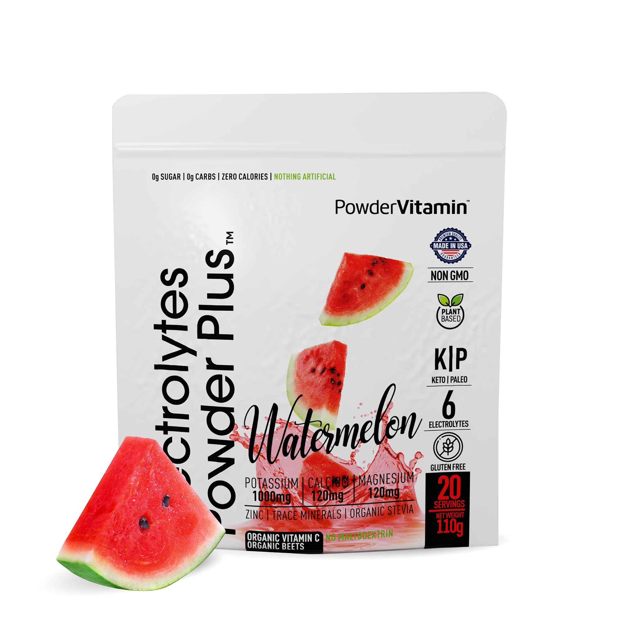 PowderVitamin Electrolytes Powder Plus Watermelon packaging emphasizing zero calories and keto compatibility.