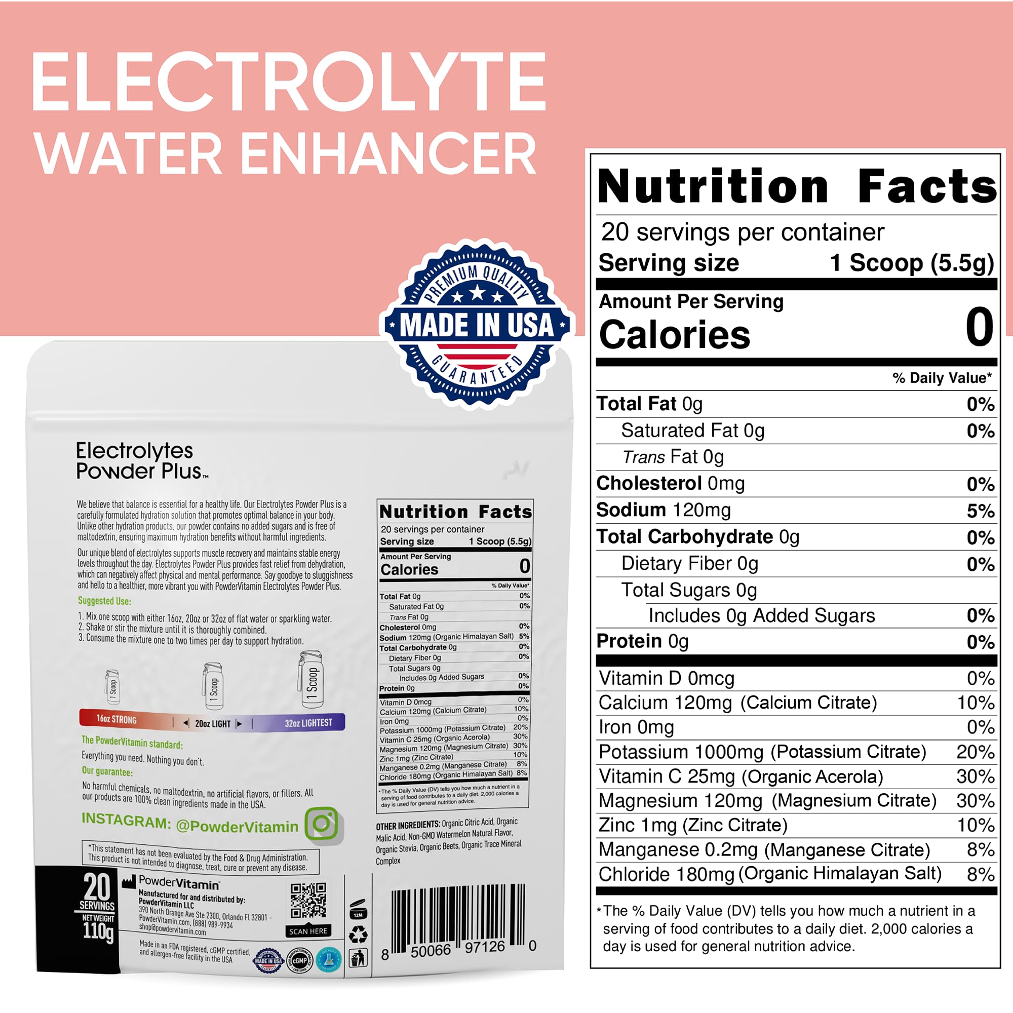 PowderVitamin Electrolytes Powder Plus scoop shown for quick, convenient hydration.