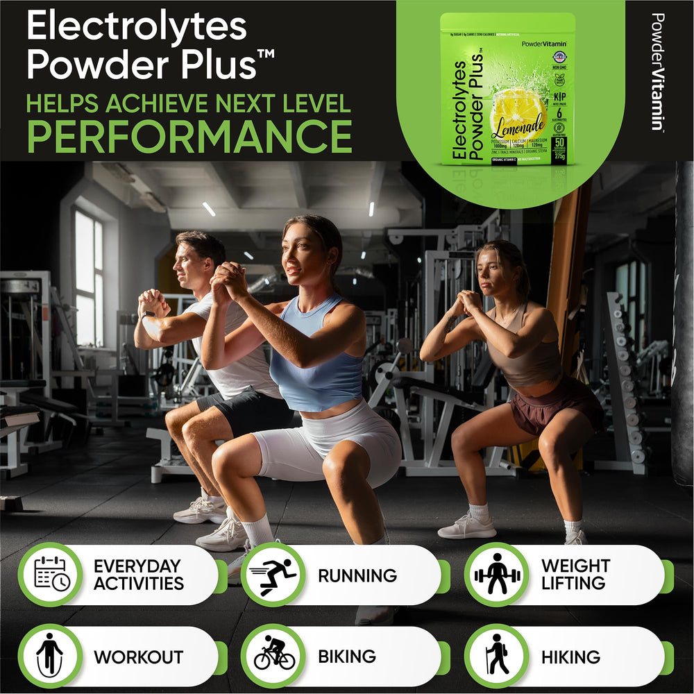 PowderVitamin Electrolytes Plus gym bottle shows hydration during workout.