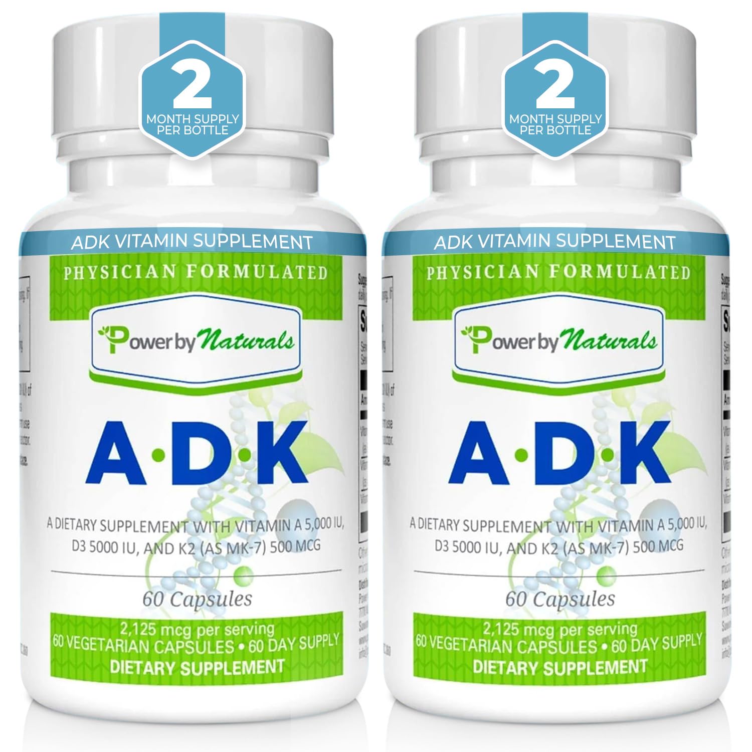 Power By Naturals ADK bottle front displaying the high-potency vitamin blend for bone support.