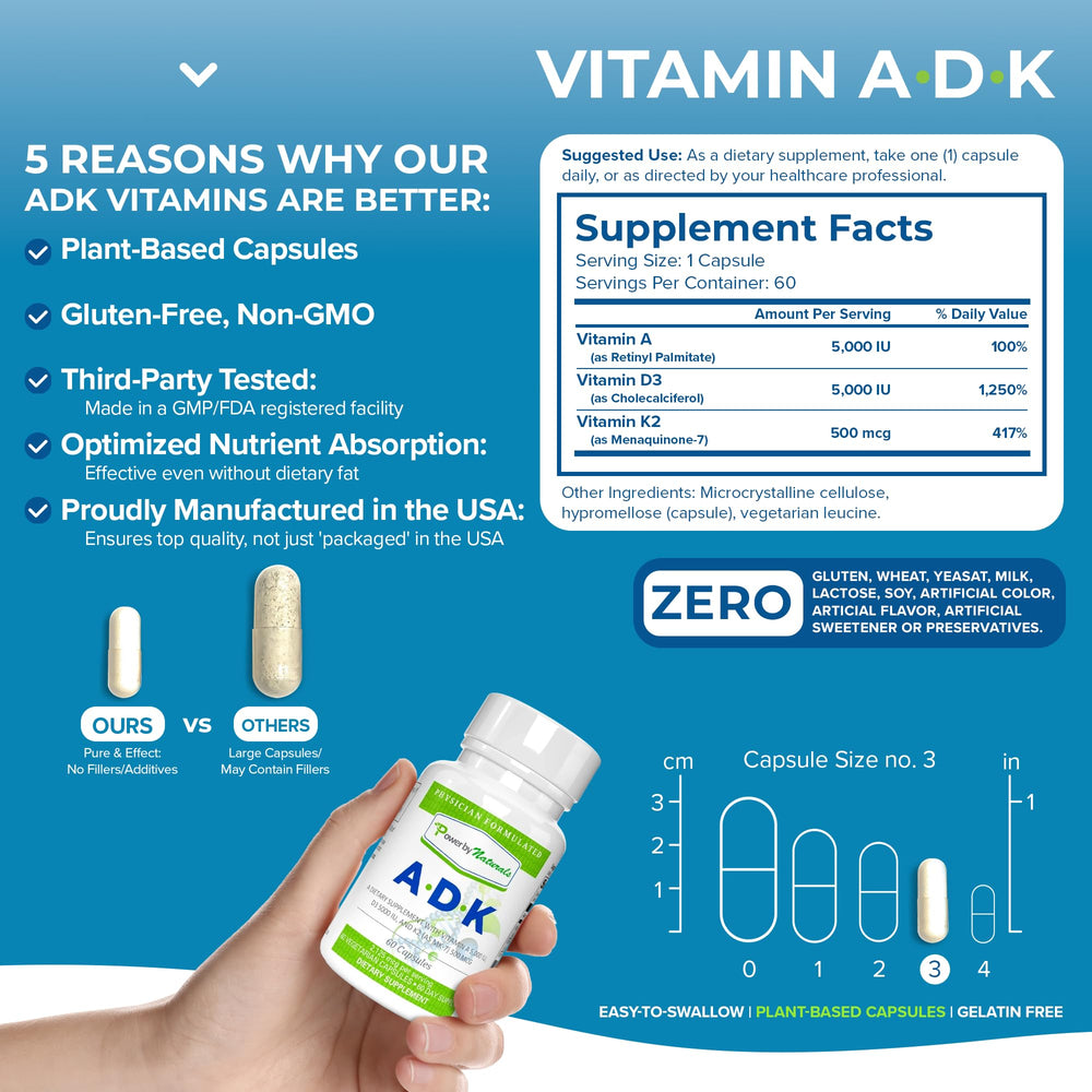 Power By Naturals ADK bottle label detailing A, D3, and K2 ingredients