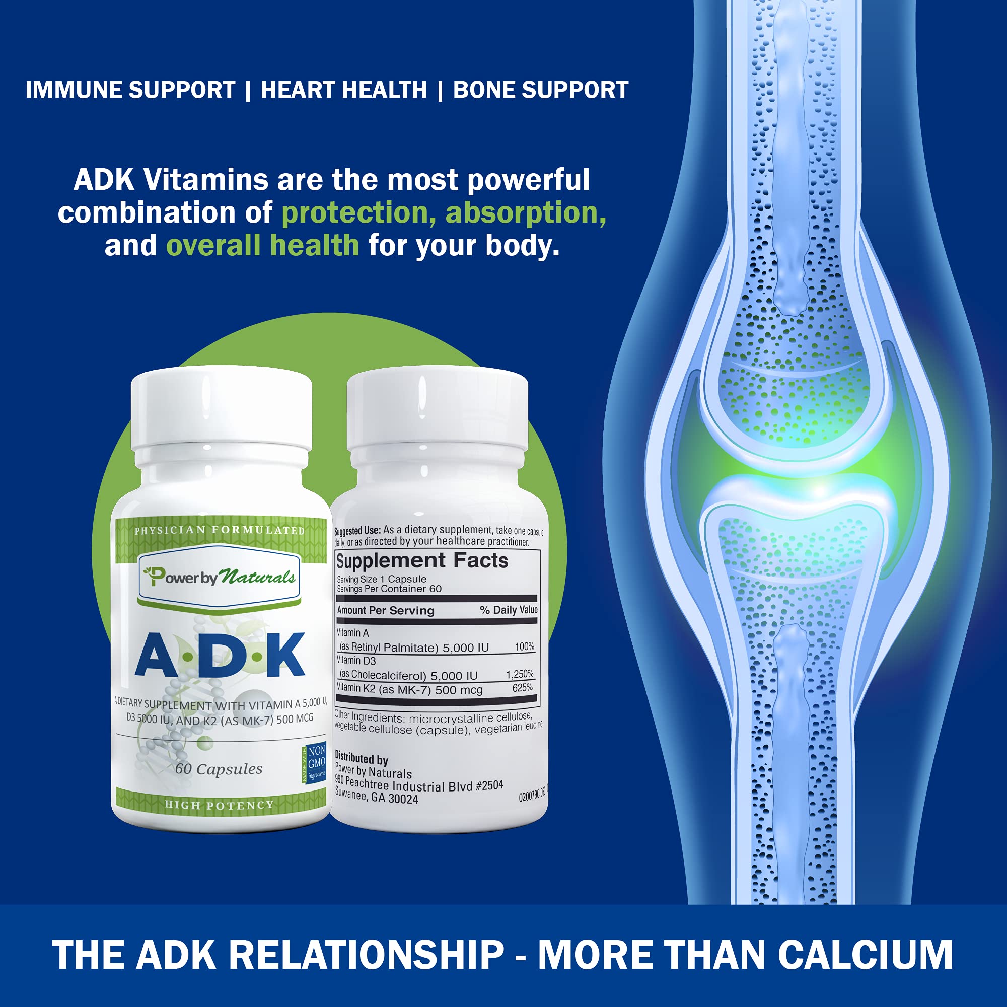 Power By Naturals ADK bottle label reveals vitamin A, D3, and K2 MK-7 content.