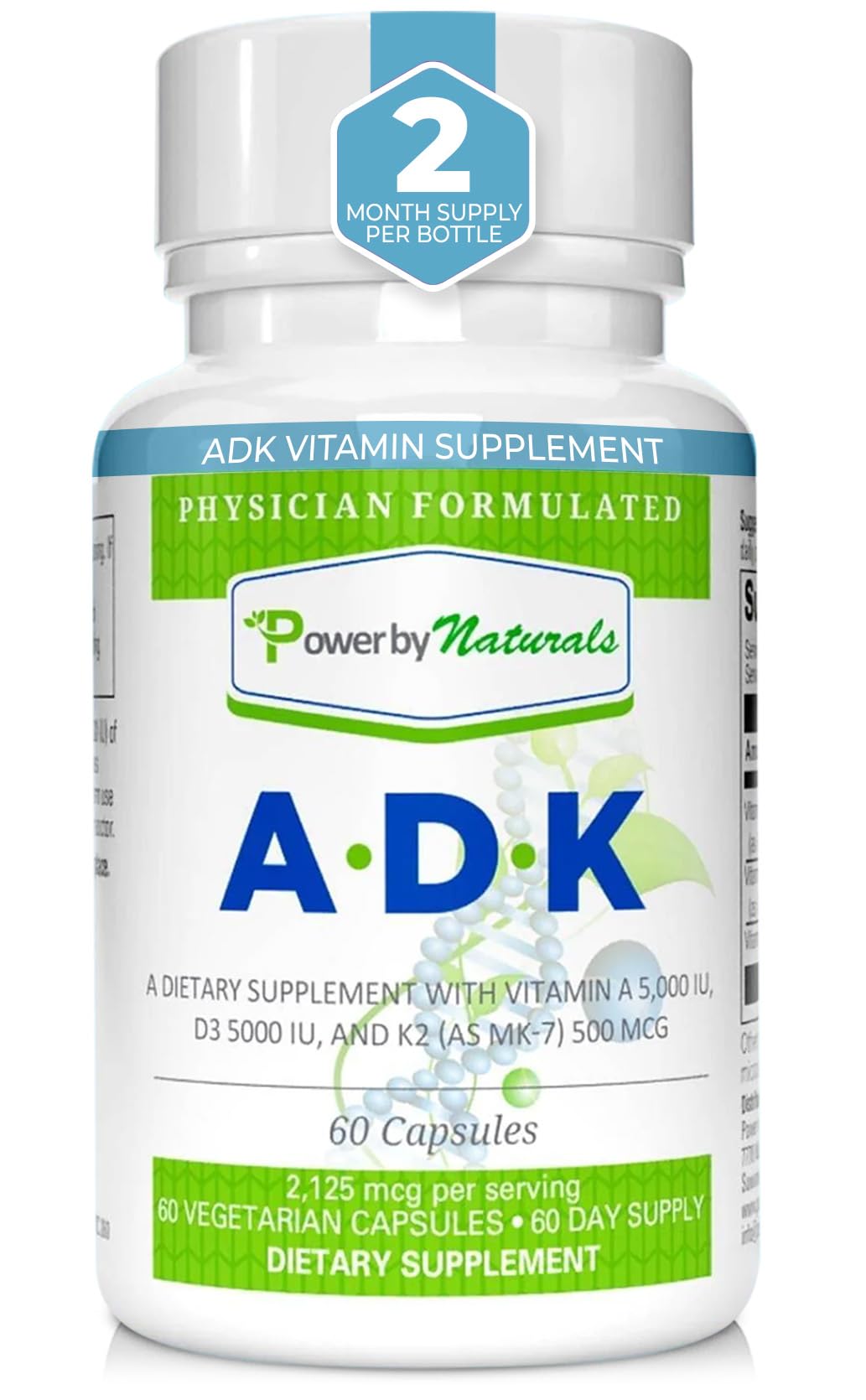 Power By Naturals ADK vitamin bottle front view with 60 capsules for daily use