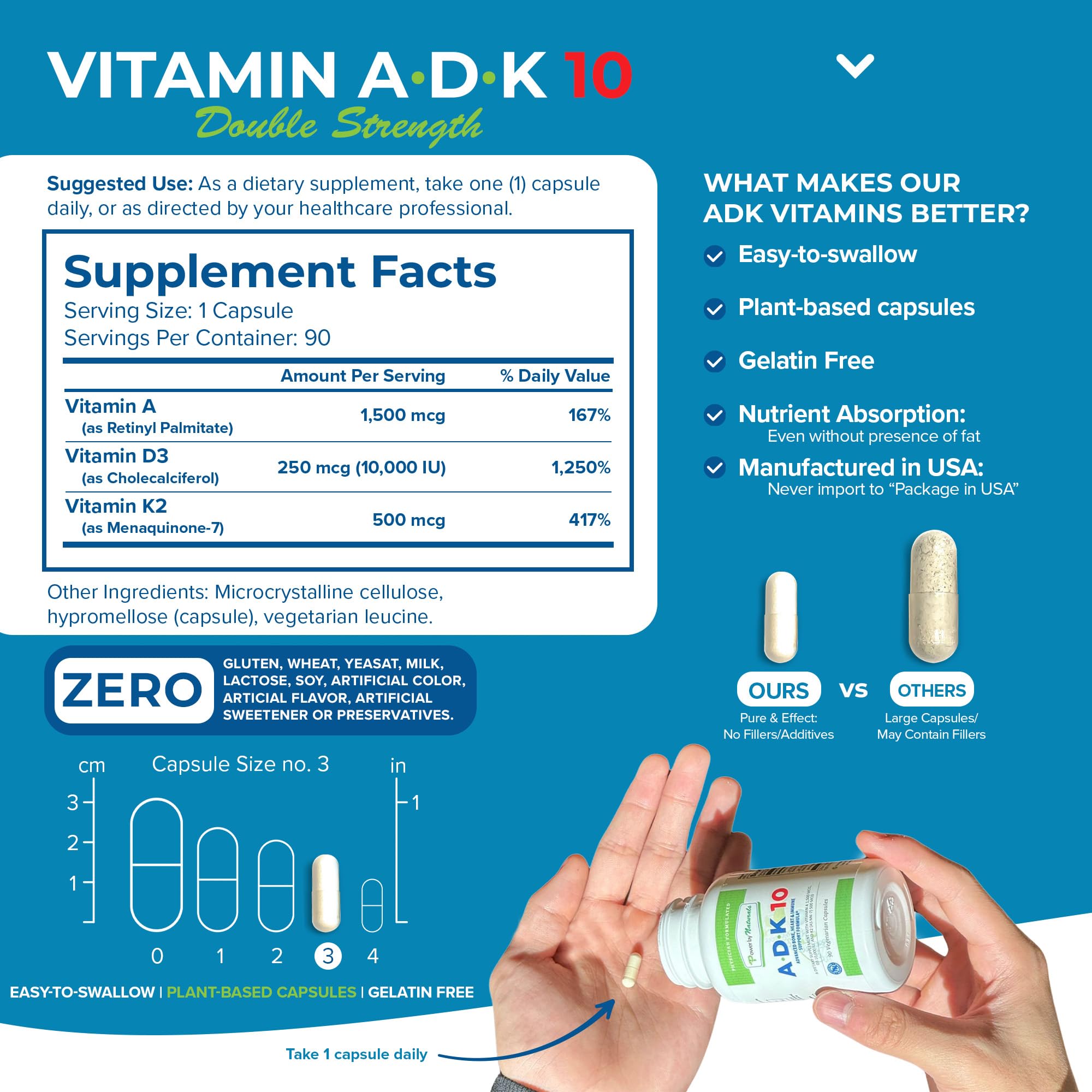 Power By Naturals ADK10 bottle back panel with nutrition information and calcium balance notes