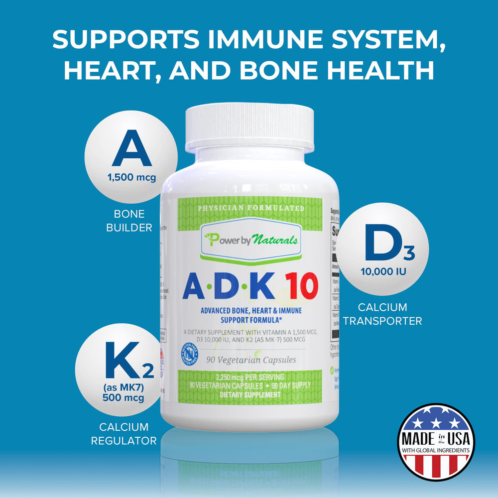 Power By Naturals ADK10 bottle back showing ingredients and dosage for immune and bone support.