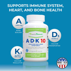 Power By Naturals ADK10 bottle back showing ingredients and dosage for immune and bone support.