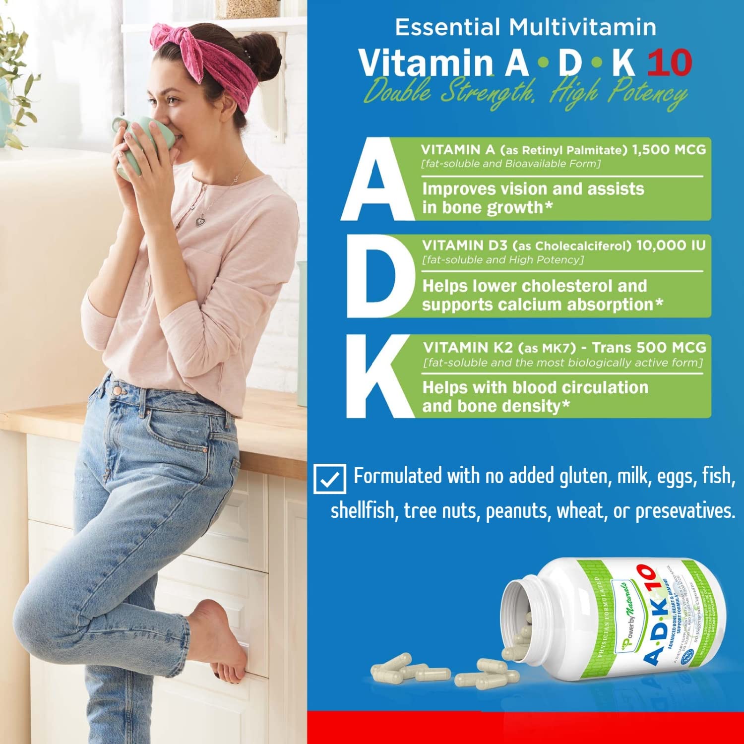 Power By Naturals ADK10 bottle label close-up showing vitamins A, D3, and K2 MK-7 for bone health