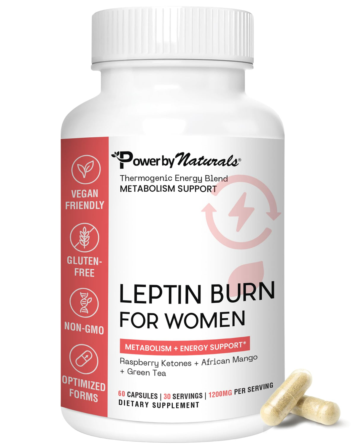 Power By Naturals Leptin capsules close-up for appetite management support.