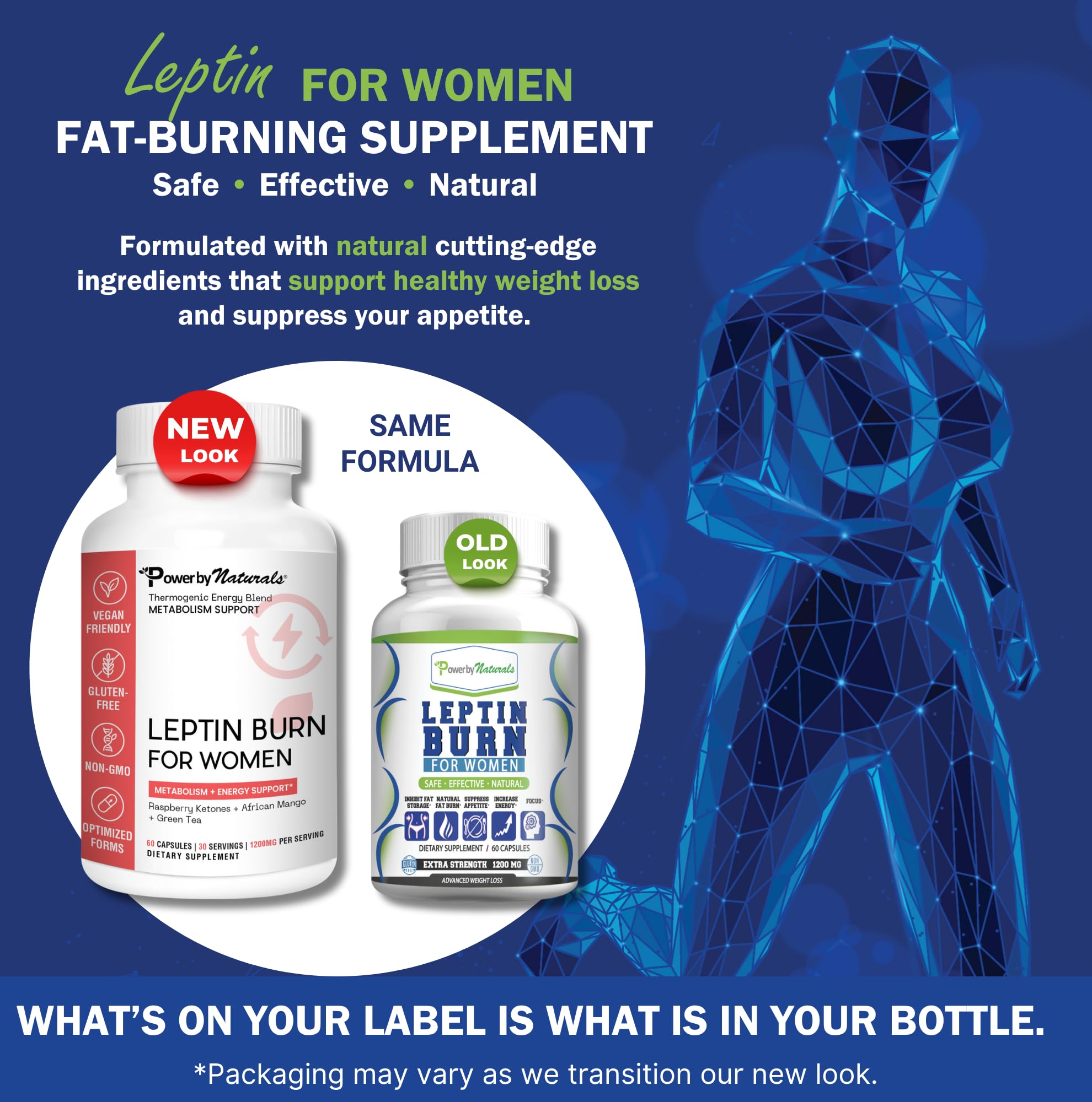 Power By Naturals leptin ingredients with green tea and raspberry ketones suggesting metabolic support.
