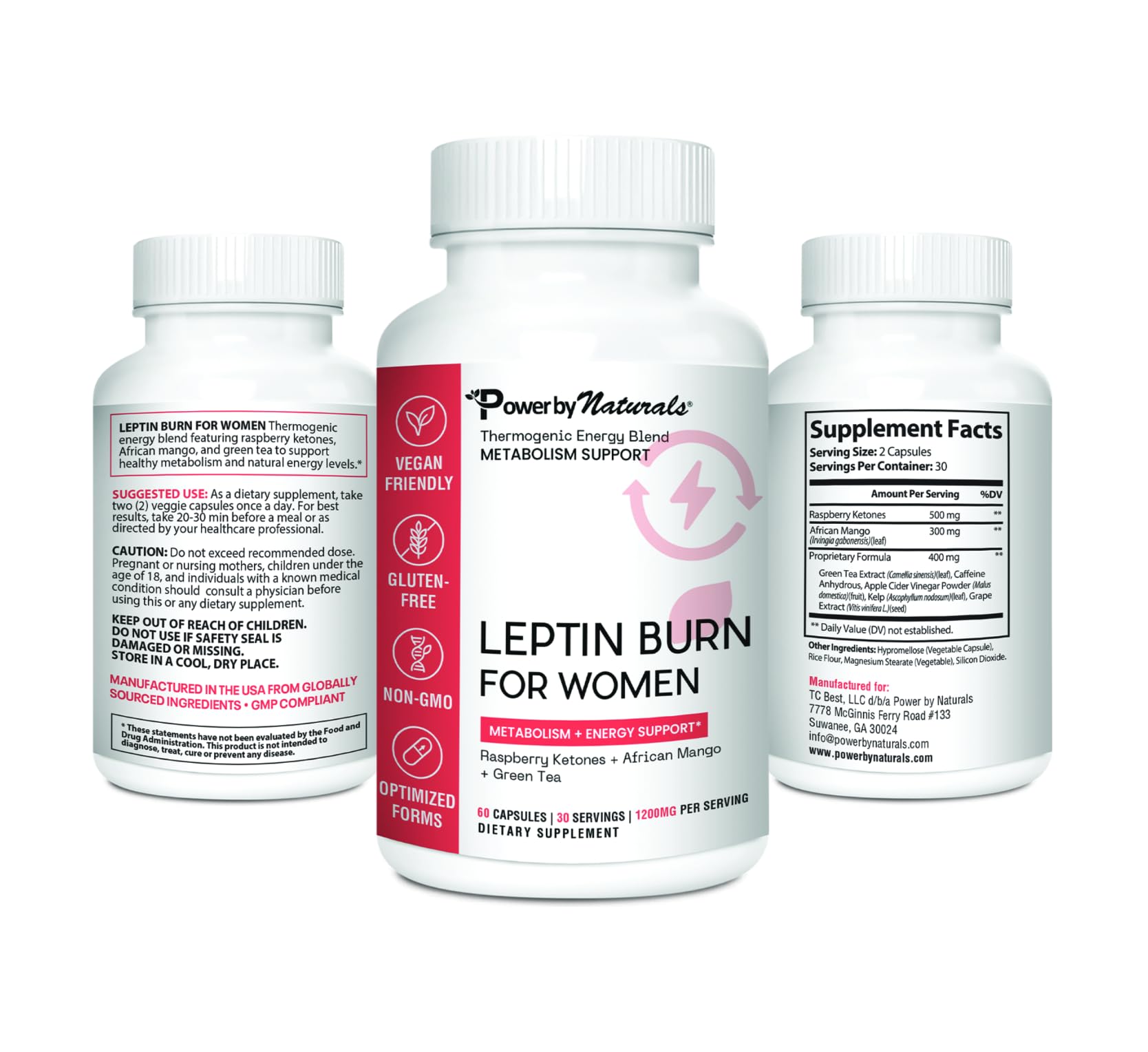 Power By Naturals leptin packaging front highlighting vegan-friendly formula for daily use.