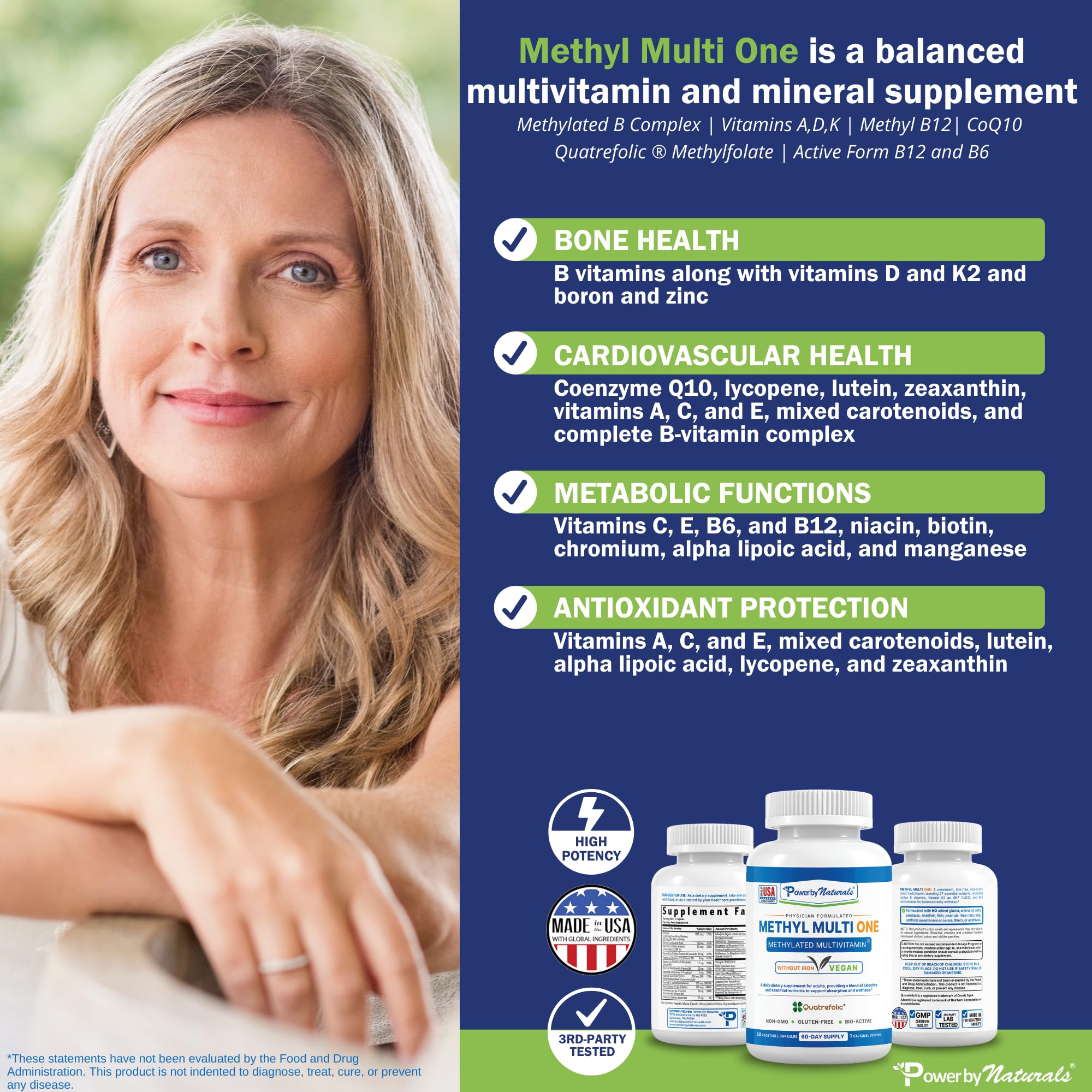 Power By Naturals Methyl Multi One: ingredientes clave como 5-MTHF y B12 en la fórmula.
