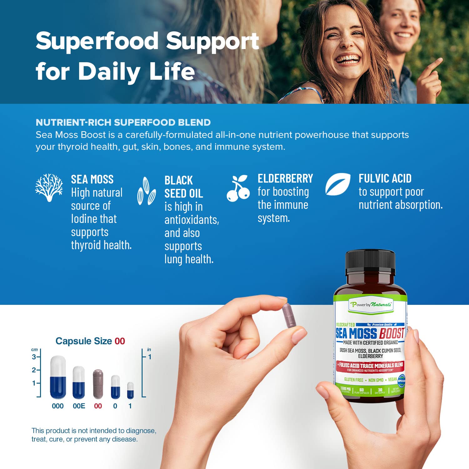 Power By Naturals Sea Moss Advanced capsules closeup showcases convenient daily supplement
