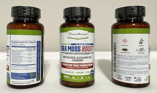 Power By Naturals Sea Moss Advanced packaging display indicates 60+ minerals