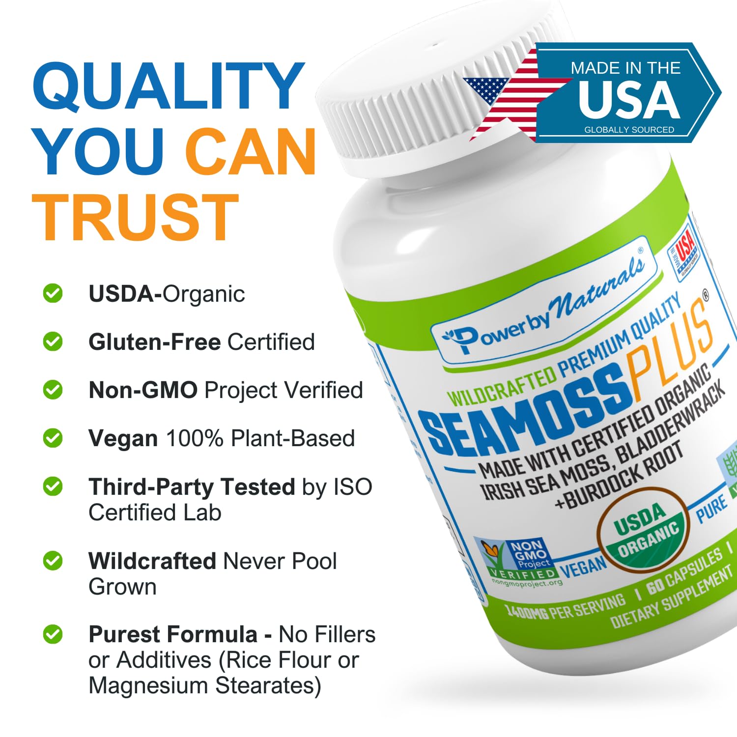 Natural ingredients like Irish sea moss and burdock on the packaging.