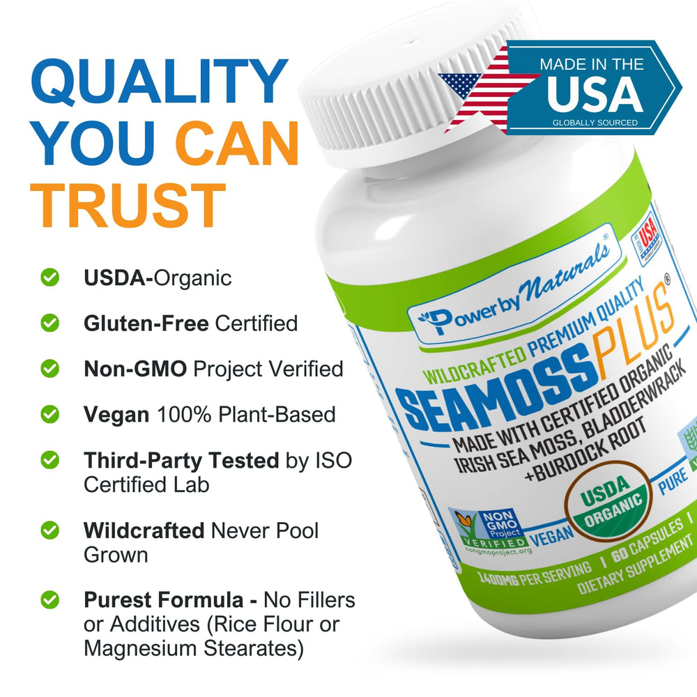 Natural ingredients like Irish sea moss and burdock on the packaging.