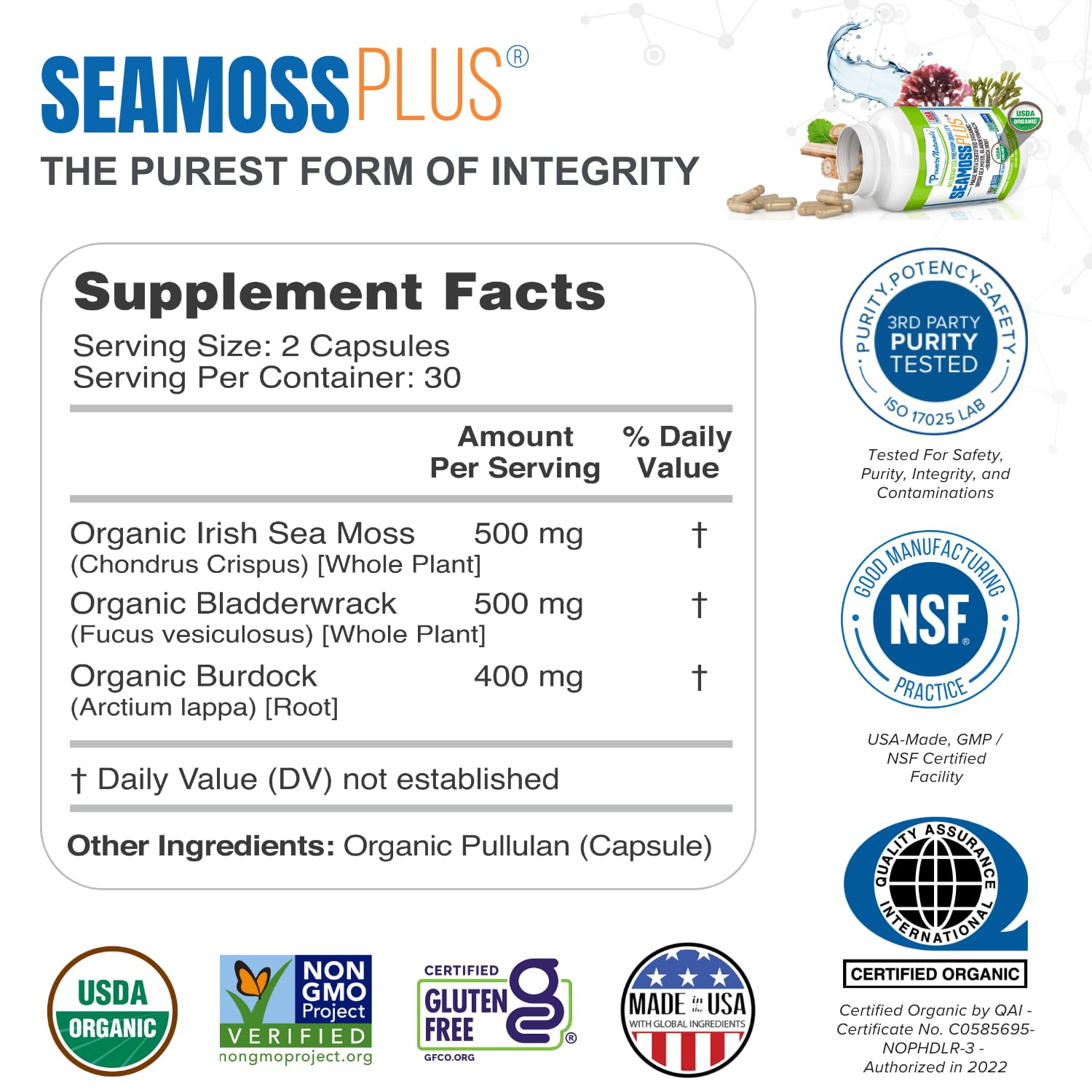 Closeup of Sea Moss Plus capsules, vegan formula promising convenient daily support.