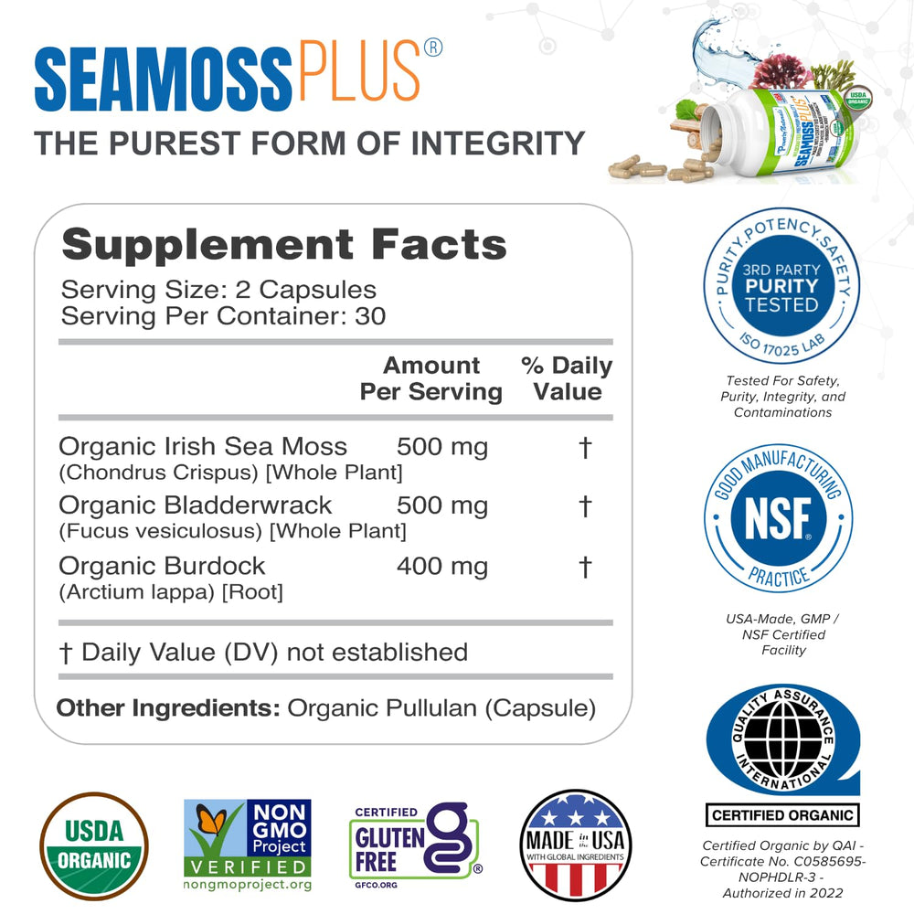 Closeup of Sea Moss Plus capsules, vegan formula promising convenient daily support.