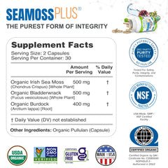 Closeup of Sea Moss Plus capsules, vegan formula promising convenient daily support.