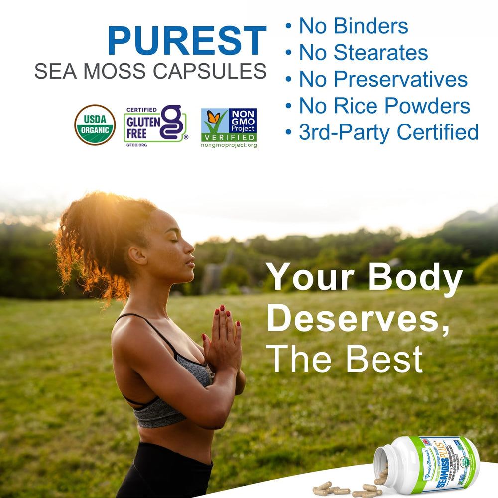 Label highlights organic ingredients and sea moss on Power By Naturals bottle.