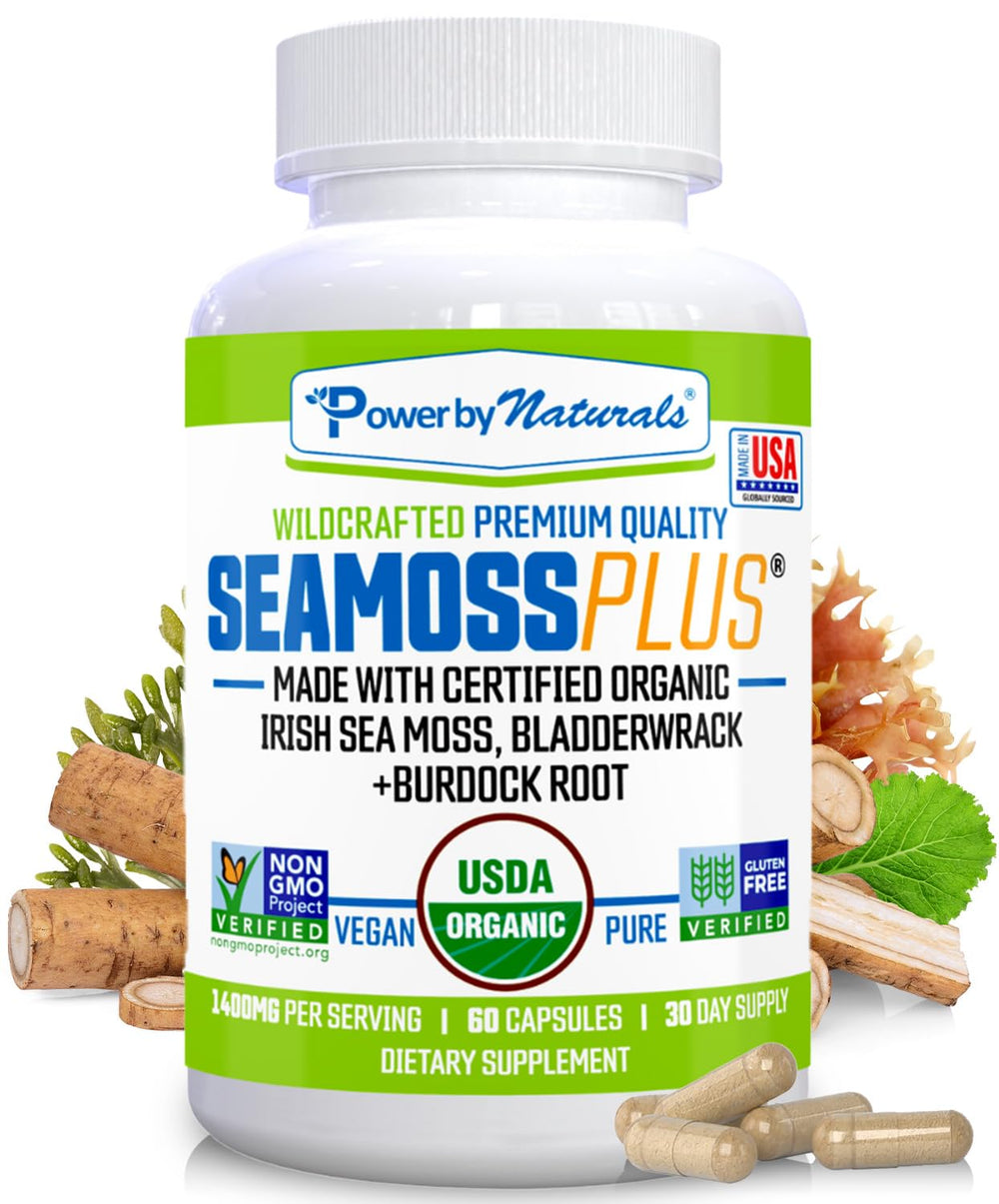 Power By Naturals SeaMoss Plus bottle front view highlighting vegan organic wellness.