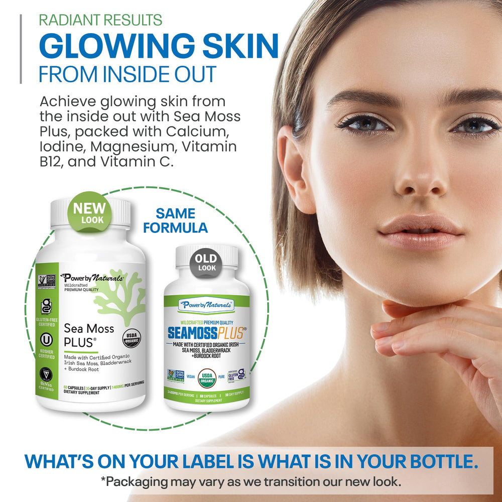 Power By Naturals SeaMoss Plus ingredients panel highlighting minerals and herbs.