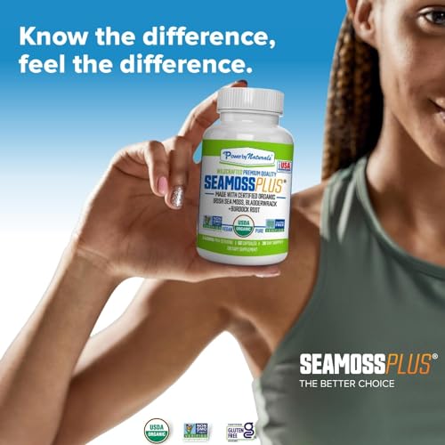 Power By Naturals SeaMoss Plus capsules added to smoothie for nutrition boost.