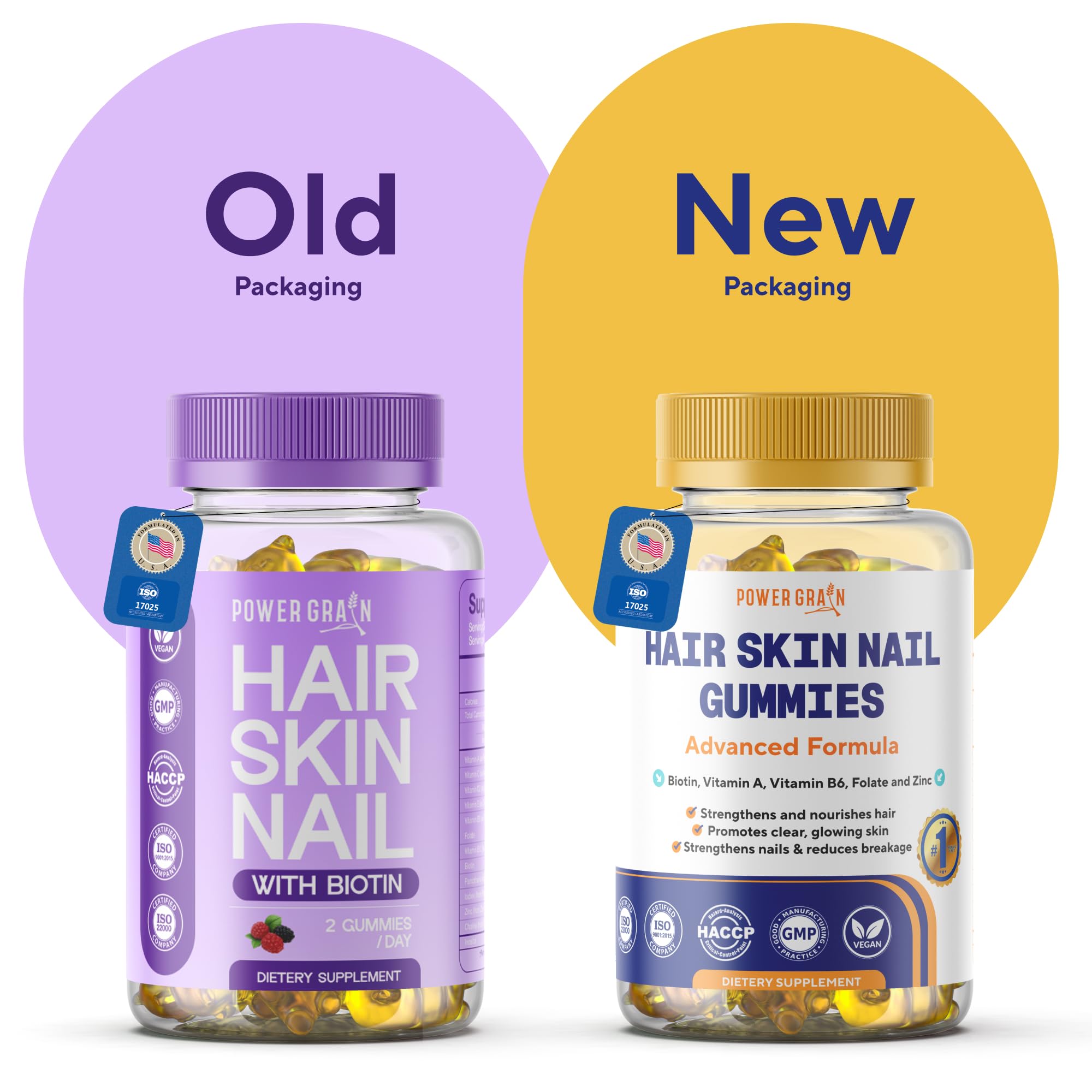 Power Grain label emphasizes 5000 mcg biotin and vegan benefits.